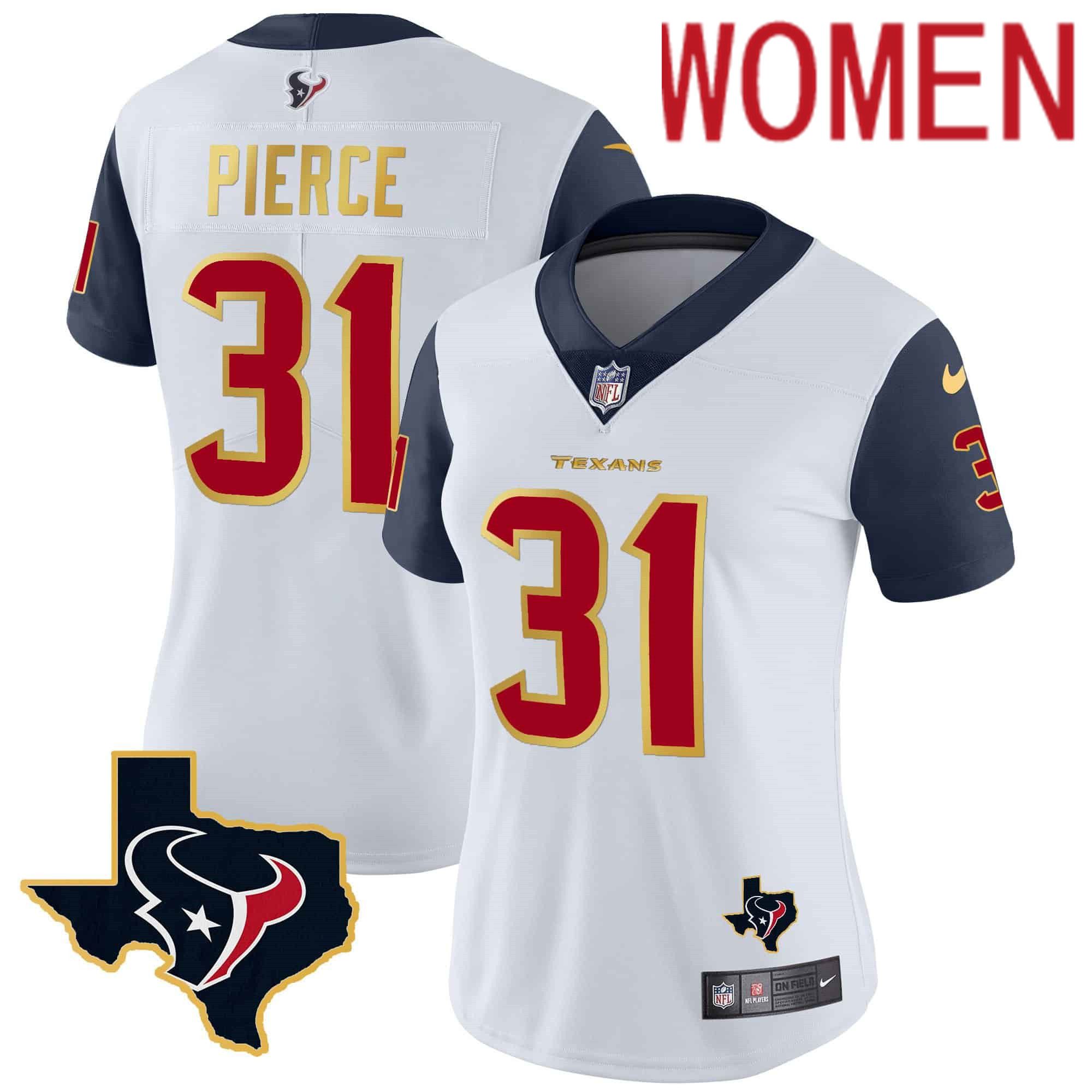 Women Houston Texans #31 Pierce White Gold 2024 Nike Trim Vapor NFL Jersey style 1->women nfl jersey->Women Jersey